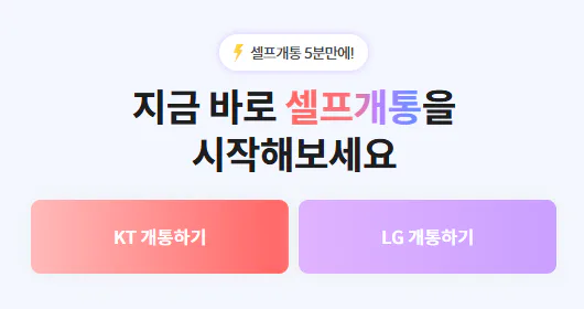 KT 또는 LG 셀프개통 선택 화면