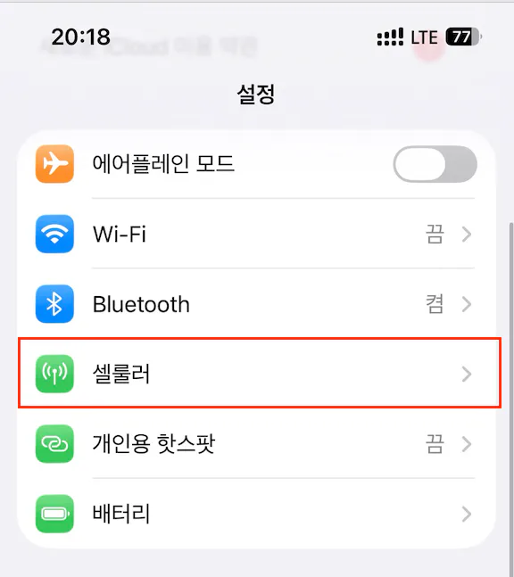아이폰 설정에서 셀룰러 선택