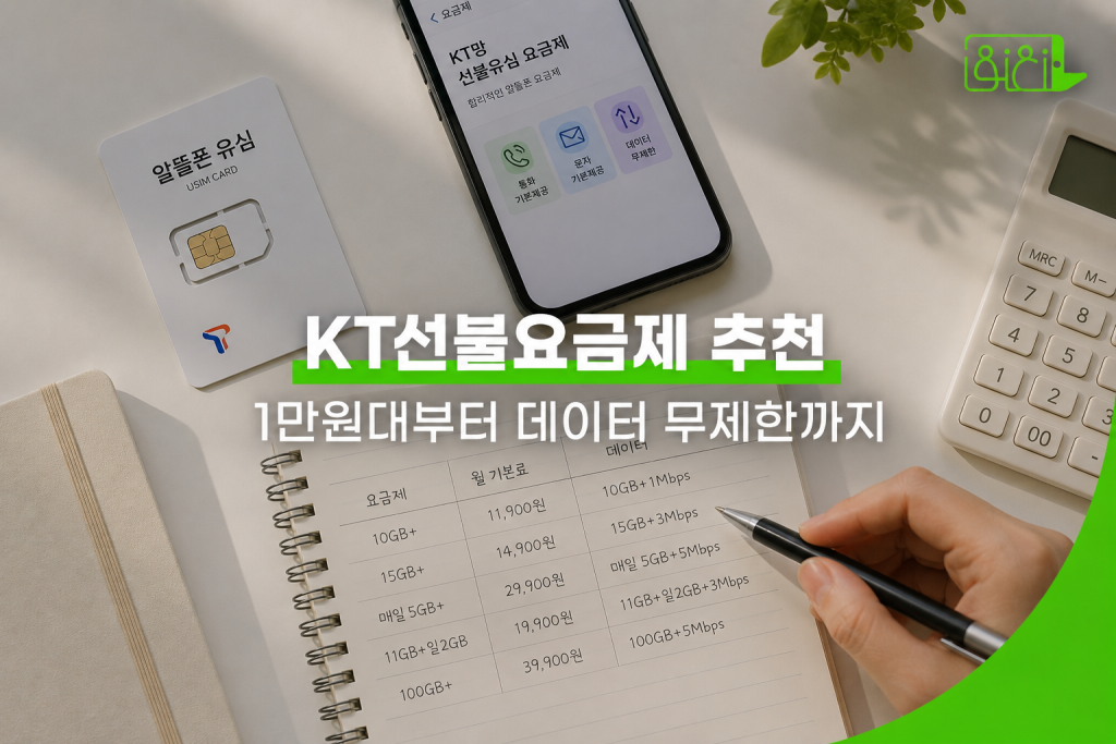 KT선불요금제 패턴별 비교 – 유심 패키지와 요금 메모지가 놓인 책상 위 장면