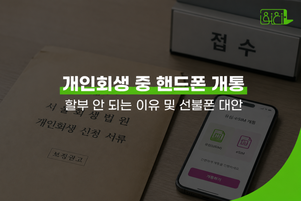서울회생법원 개인회생 신청 서류 위에 유심-eSIM 개통 앱 화면이 표시된 스마트폰이 놓여 있는 장면. 개인회생 중 휴대폰 개통 할부 안 되는 이유와 선불폰 개통 방법을 안내하는 콘텐츠 대표 이미지