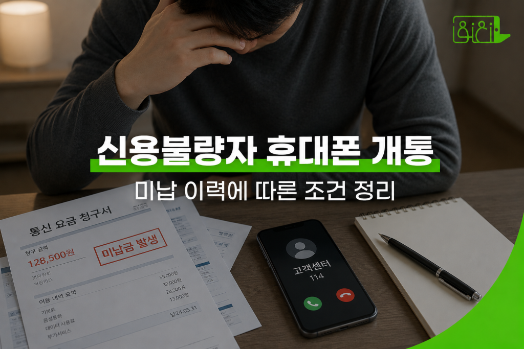 신용불량자 휴대폰 개통 미납 이력 조건 정리 — 책상 위 고지서와 스마트폰을 앞에 두고 고민하는 장면