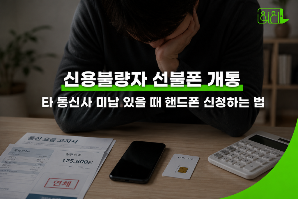 신용불량자 핸드폰 개통 조건 확인 — 통신 요금 고지서와 유심 카드, 스마트폰이 놓인 책상 위에서 고민하는 장면