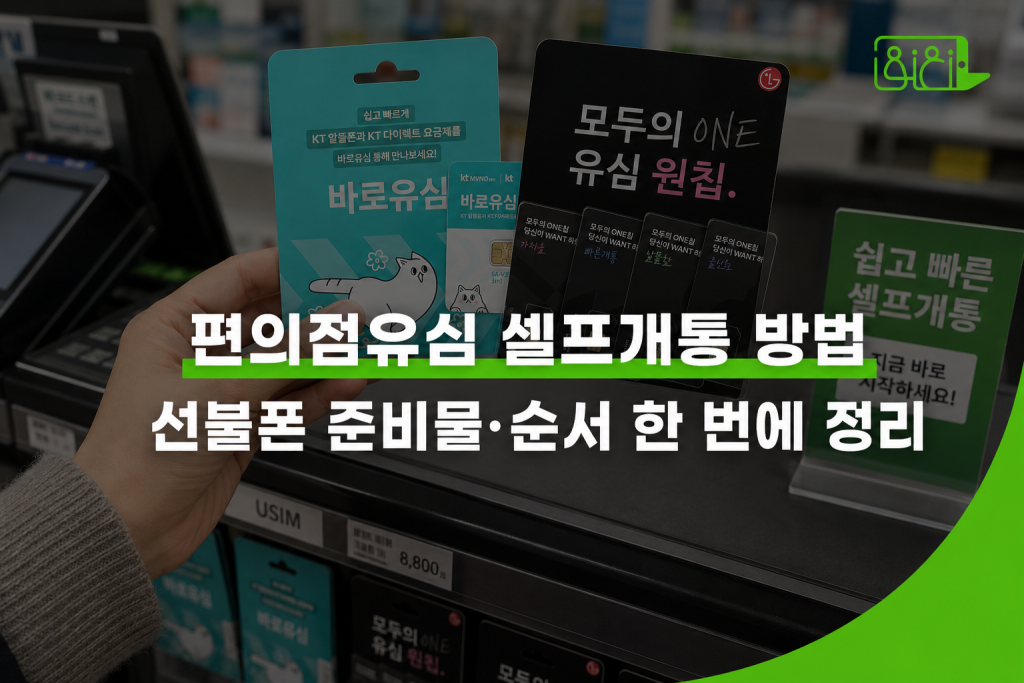 편의점 유심 셀프개통 방법 — KT 바로유심과 LG 모두의원칩 패키지를 집는 손