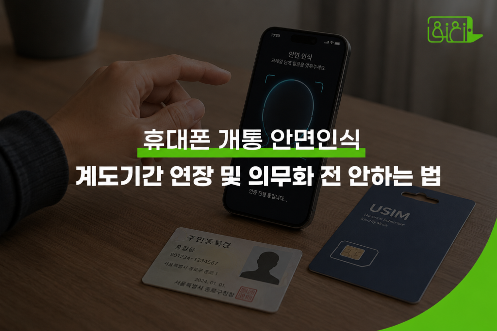 휴대폰 개통 안면인식 계도기간 연장 안내 이미지, 스마트폰과 신분증으로 안면인증을 진행하는 모습
