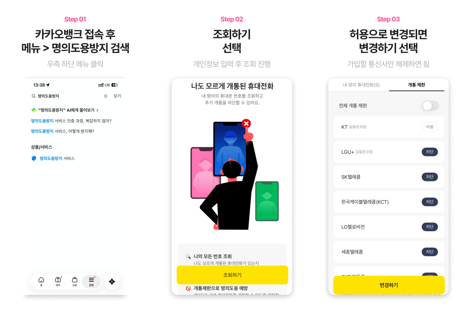카카오뱅크 명의도용방지 가입제한 해제 한눈에 보기