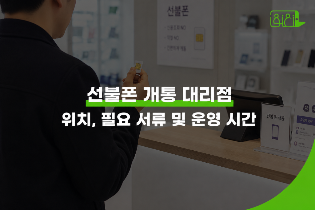 선불폰 개통 대리점 카운터에서 유심 카드를 들고 개통 상담 중인 장면