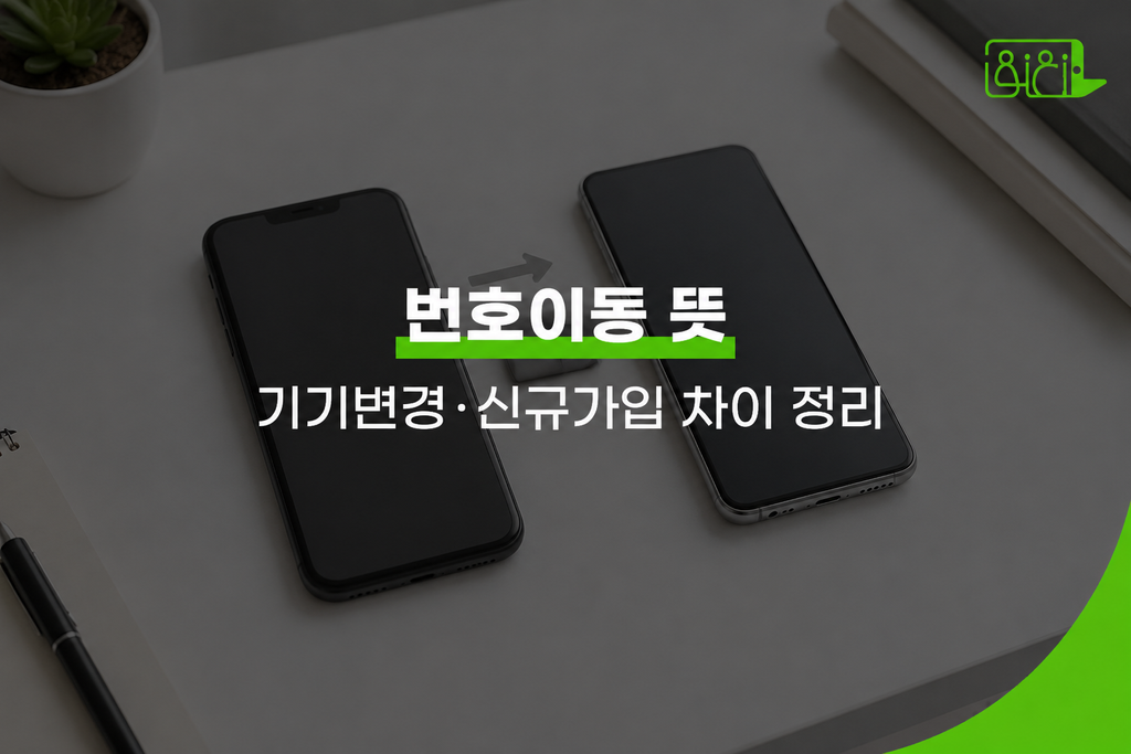 흰 책상 위에 스마트폰 두 대가 나란히 놓여 있고 가운데 이동을 의미하는 화살표가 보이며, ‘번호이동 뜻’과 ‘기기변경·신규가입 차이 정리’ 문구가 들어간 썸네일