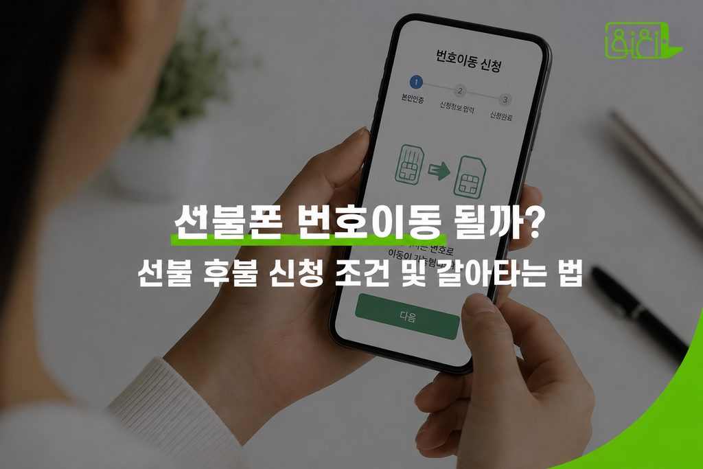 선불폰 번호이동 신청 화면이 표시된 스마트폰을 손에 들고 있는 모습과 ‘선불폰 번호이동 될까? 선불 후불 신청 조건 및 갈아타는 법’ 문구가 들어간 썸네일