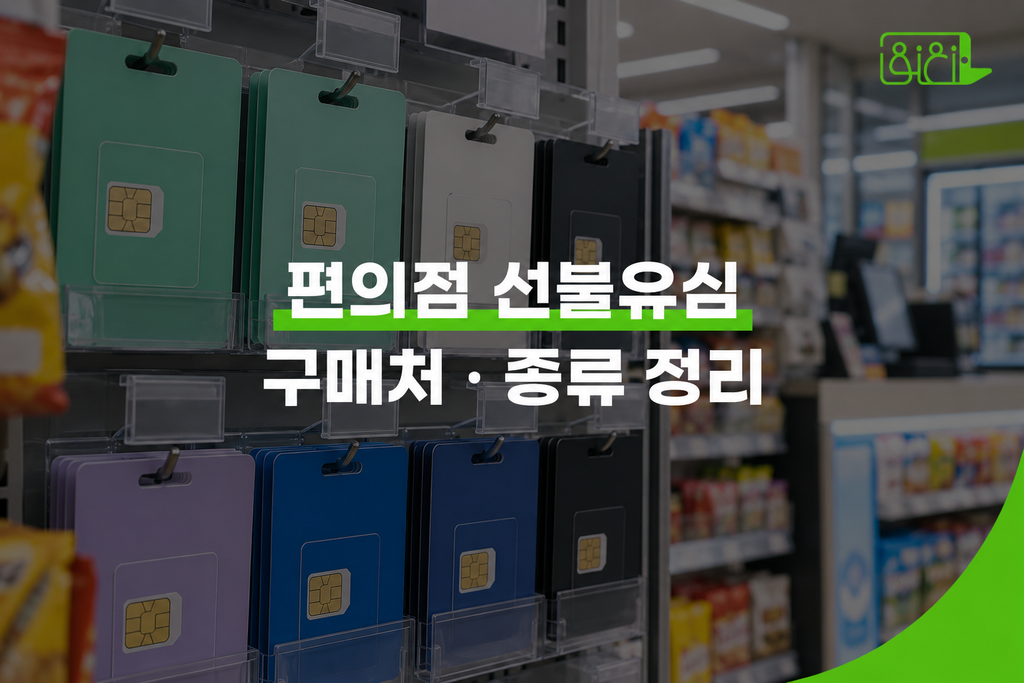 편의점 매대에 여러 선불유심 패키지가 진열된 실사 배경 위로 ‘편의점 선불유심 구매처 · 종류 정리’ 문구가 중앙에 배치된 워드프레스 썸네일